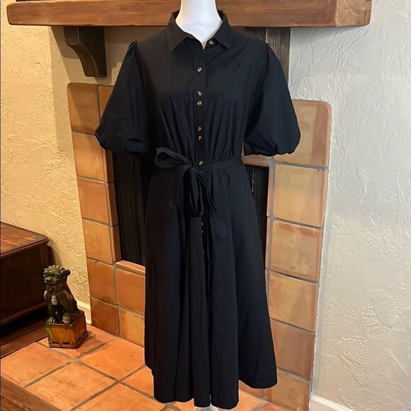 A Loves A Black Puff Sleeve Belted Button Down Midi Dress, size 10 - Picture 1 of 9